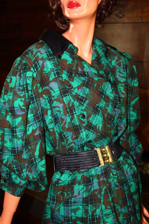 1980s Jean Claire Vintage Dress – Green Plaid Floral Midi with Belt Size 12-14