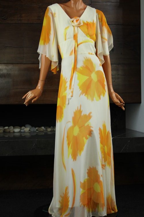 1970s Floral Chiffon Maxi Dress with Flutter Sleeves | M