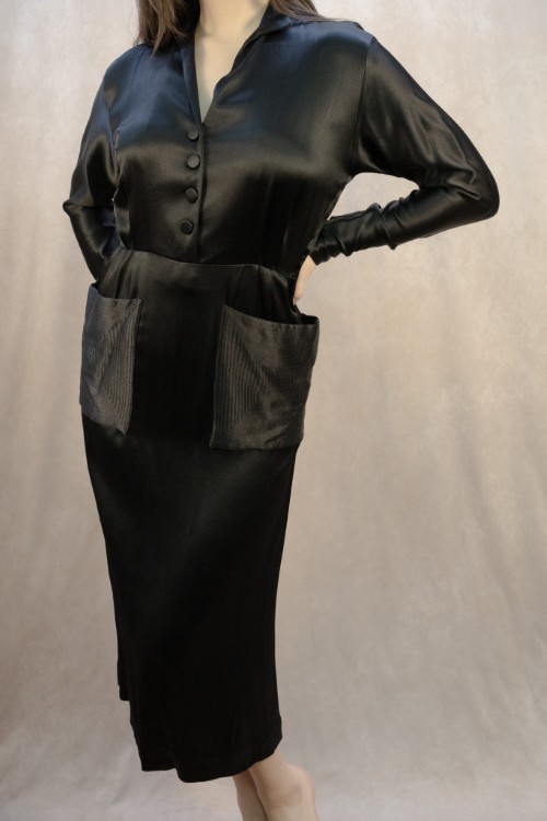 1940s Black Satin Dress with Statement Pockets |  S